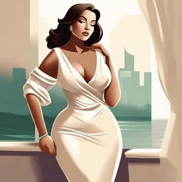 A tasteful and elegant illustration of a confident woman with a voluptuous figure