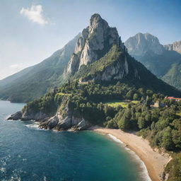 A medieval-style natural landscape featuring a towering mountain backdrop, a forest of lush trees, and a sprawling sea off to one side, all under the bright sunlight of a clear day