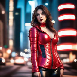 A beautiful woman wearing a tight red shiny puffer corset, posing seductively in a bustling city setting