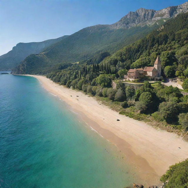 A natural landscape in a medieval style with a high mountain at the back, lush verdant trees, a low sandy beach to the side replacing any man-made structures, and a sea beside, all under the dazzling sunlight of a clear day