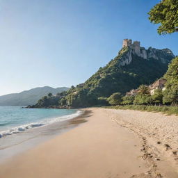 A natural landscape in a medieval style with a high mountain at the back, lush verdant trees, a low sandy beach to the side replacing any man-made structures, and a sea beside, all under the dazzling sunlight of a clear day