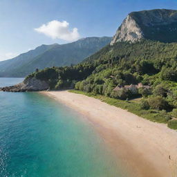 A natural landscape in a medieval style with a high mountain at the back, lush verdant trees, a low sandy beach to the side replacing any man-made structures, and a sea beside, all under the dazzling sunlight of a clear day