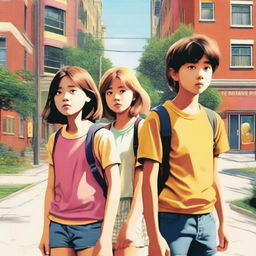 A movie poster showing three friends, two girls and one boy, facing the dramas of a theoretically perfect urbanization during the summer