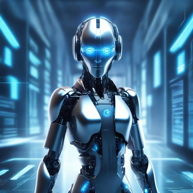 Create an image featuring a futuristic AI character with a sleek and modern design