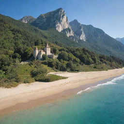 A natural landscape in a medieval style with a high mountain at the back, lush verdant trees, a low sandy beach to the side replacing any man-made structures, and a sea beside, all under the dazzling sunlight of a clear day