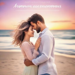 Create a romantic novel cover featuring a couple in a loving embrace