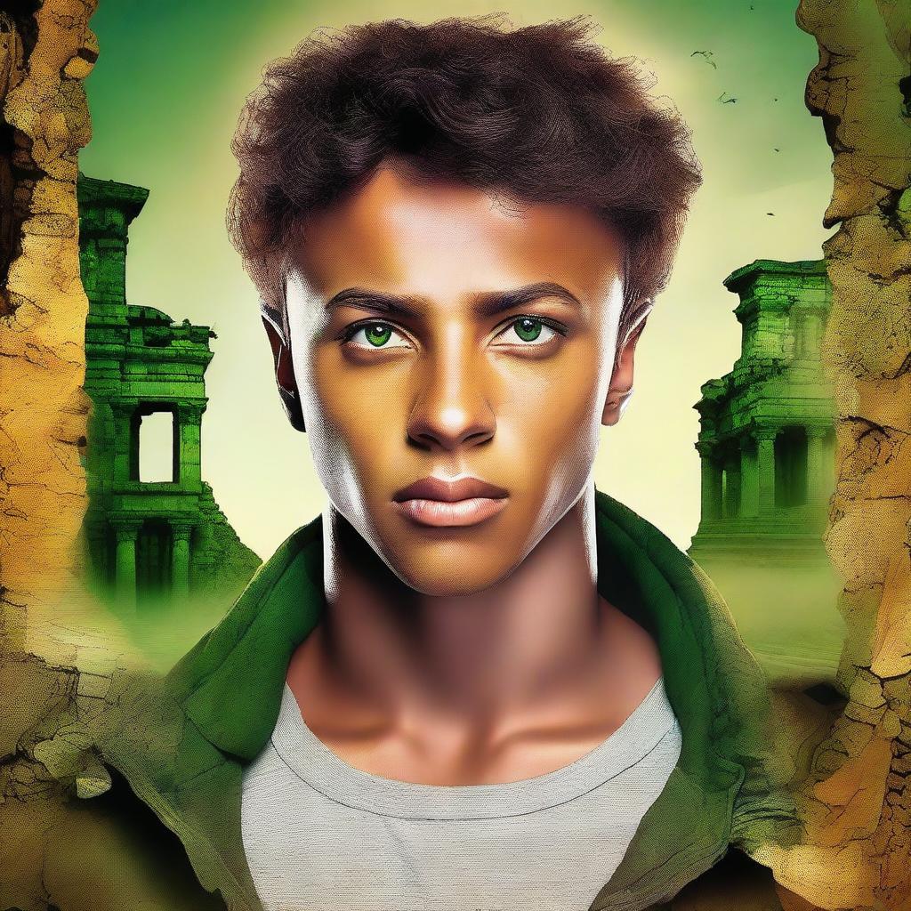 Create a poster of André Malinov, a teenager with piercing eyes and wavy hair that seems alive