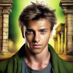 Create a poster of André Malinov, a teenager with piercing eyes and wavy hair that seems alive