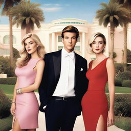 A tall poster featuring an adult boy and two adult girls facing various dramas in Beverly Hills