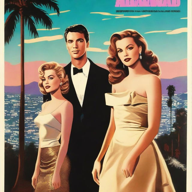 A tall poster featuring an adult boy and two adult girls facing various dramas in Hollywood Hills