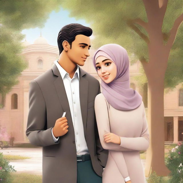 A romantic novel cover featuring a student council president and a hijab-wearing female student