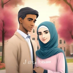 A romantic novel cover featuring a student council president and a hijab-wearing female student