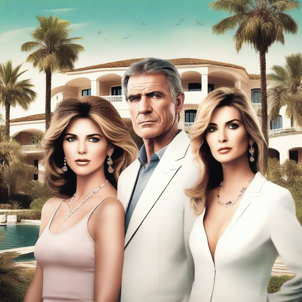 A poster featuring one adult man and two adult women facing their personal dramas in an affluent neighborhood in Marbella