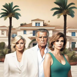 A poster featuring one adult man and two adult women facing their personal dramas in an affluent neighborhood in Marbella