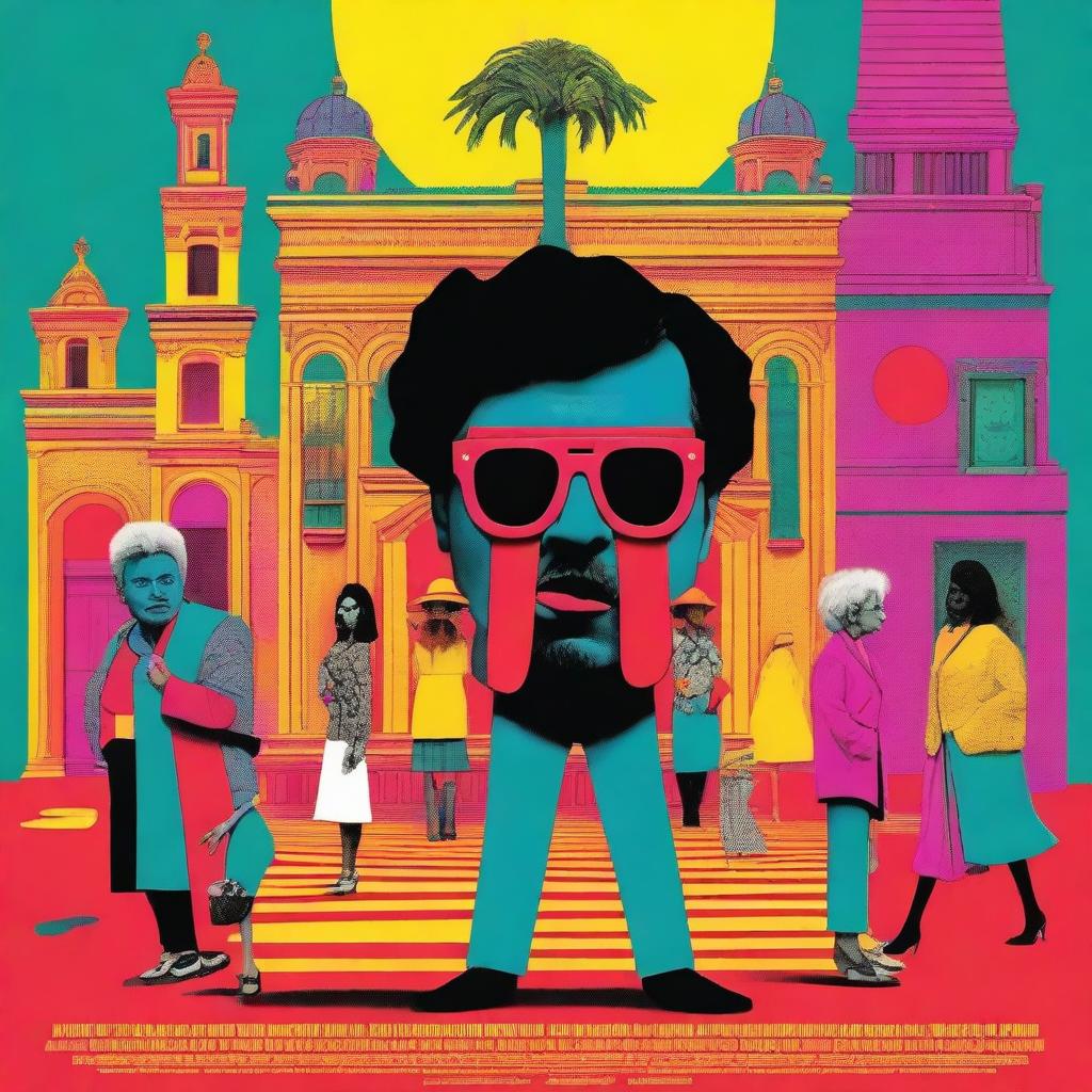 A poster in the style of Pedro Almodóvar, featuring vibrant colors and dramatic compositions