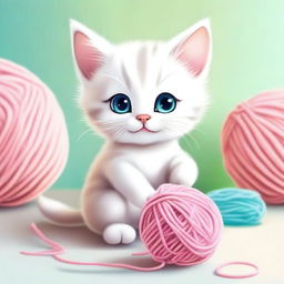 A cute and adorable scene featuring a small kitten playing with a ball of yarn