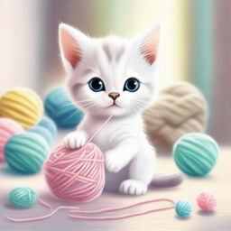 A cute and adorable scene featuring a small kitten playing with a ball of yarn