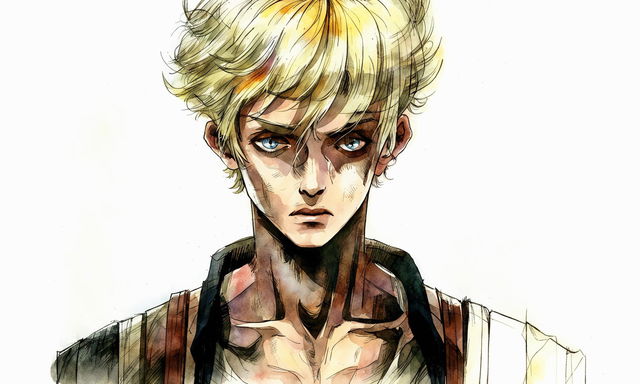 A watercolour storyboard's sixth act featuring a closeup of Liam, a rugged and stocky 14-year-old boy with short spikey blond hair, a worried look, and dressed in a dirty, torn old shirt.