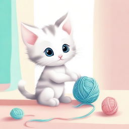 A cute and adorable scene featuring a small kitten playing with a ball of yarn