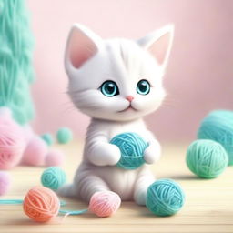 A cute and adorable scene featuring a small kitten playing with a ball of yarn