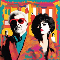 A poster in the style of Pedro Almodóvar, featuring vibrant colors and dramatic compositions