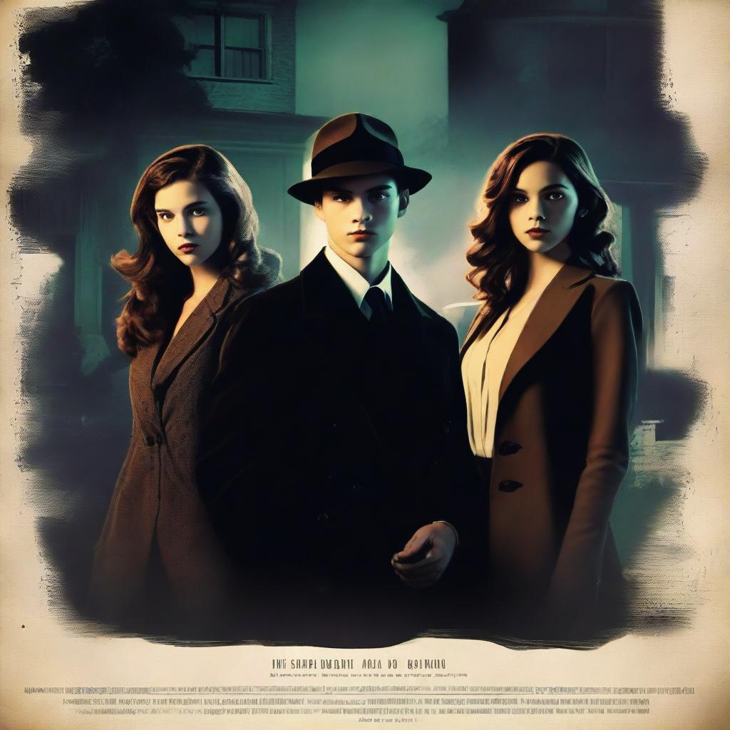 A Hollywood-style mystery poster featuring three young adults: two girls and one boy