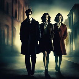 A Hollywood-style mystery poster featuring three young adults: two girls and one boy