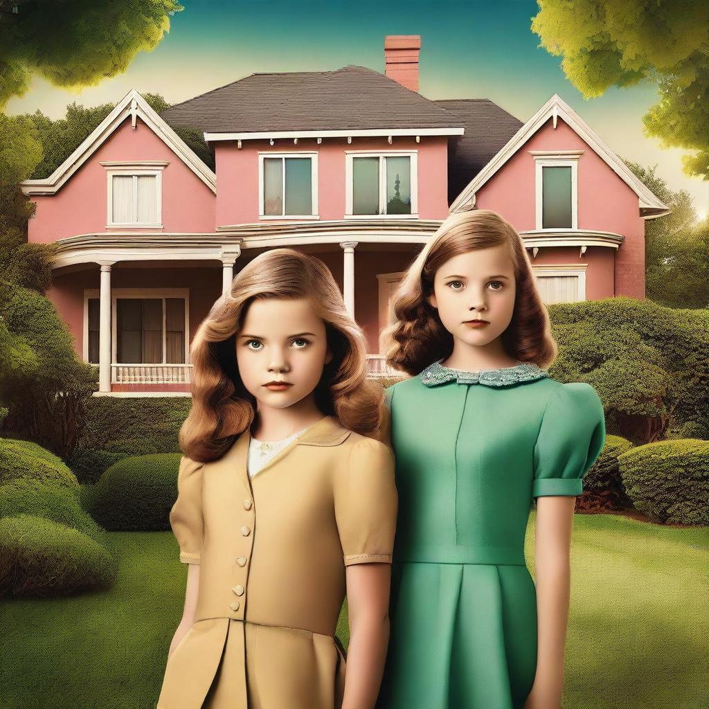 A Hollywood-style mystery movie poster featuring two young girls and one young boy in a wealthy neighborhood