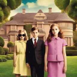 A Hollywood-style mystery movie poster featuring two young girls and one young boy in a wealthy neighborhood