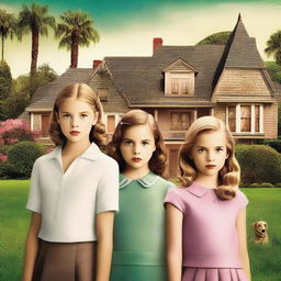 A Hollywood-style mystery movie poster featuring two young girls and one young boy in a wealthy neighborhood