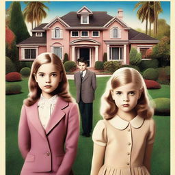 A Hollywood-style mystery movie poster featuring two young girls and one young boy in a wealthy neighborhood