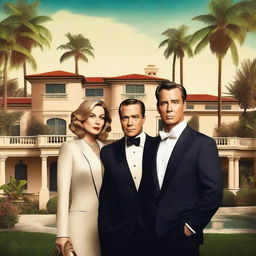 A Hollywood-style mystery poster featuring two adult women and one adult man from a wealthy neighborhood in Los Angeles, California