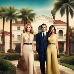 A Hollywood-style mystery poster featuring two adult women and one adult man from a wealthy neighborhood in Los Angeles, California