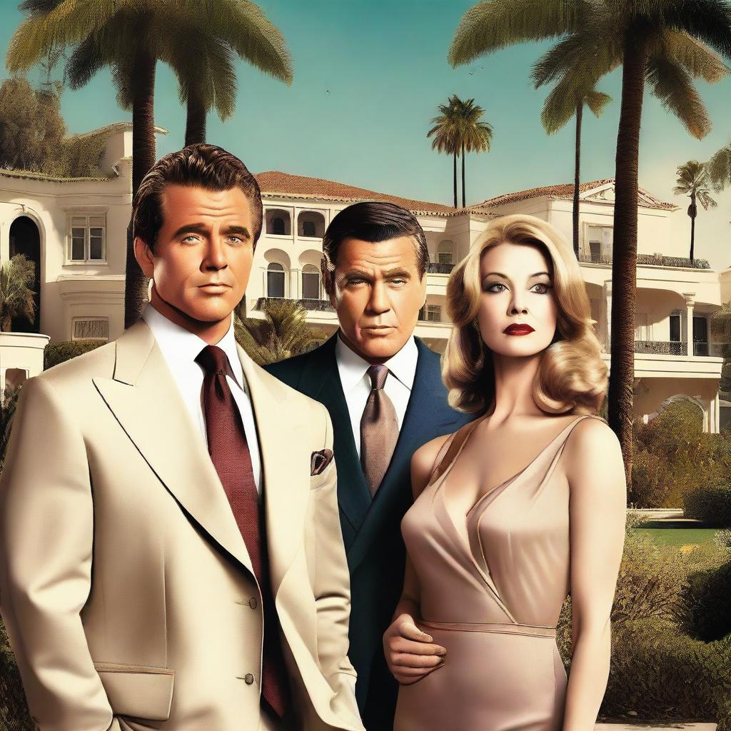 A Hollywood-style mystery poster featuring two adult women and one adult man from a wealthy neighborhood in Los Angeles, California