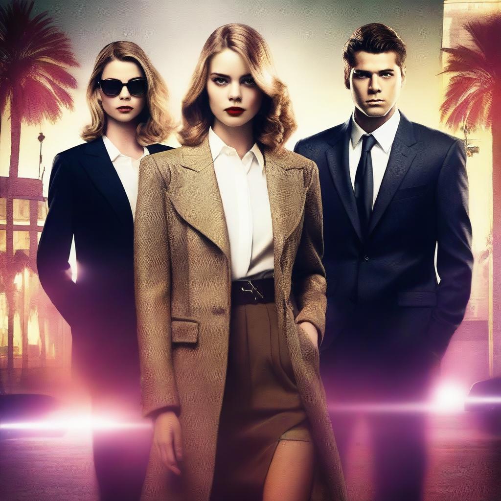 A Hollywood-style mystery poster featuring two young adult women and one young adult man