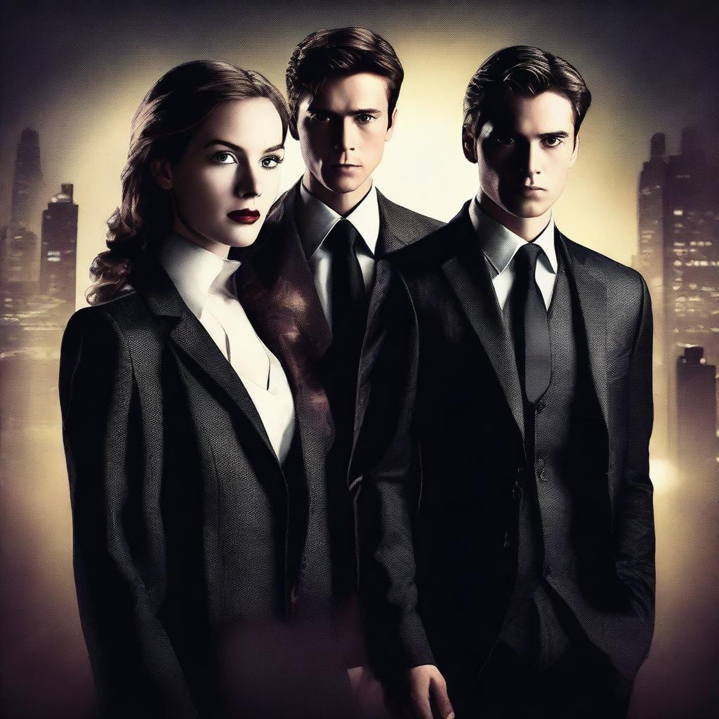 A Hollywood-style mystery poster featuring two young adult women and one young adult man