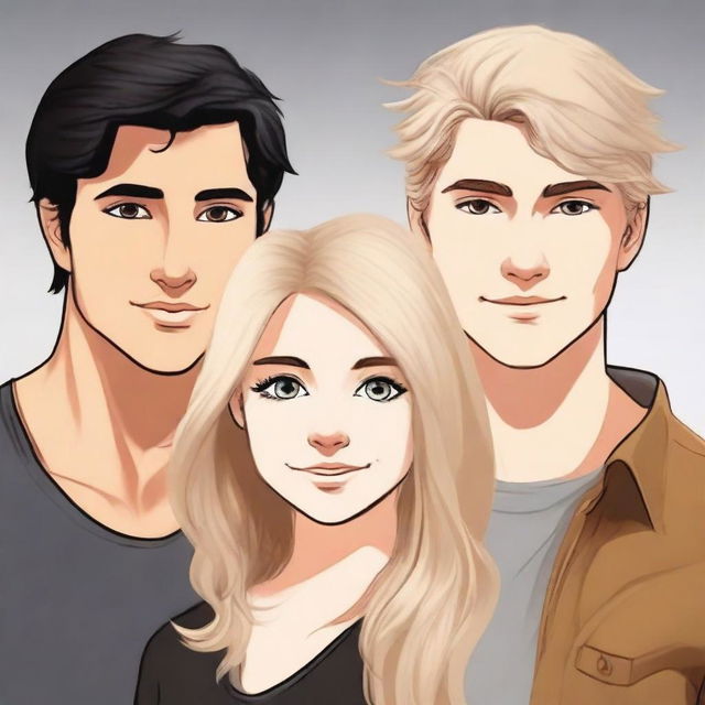 Create a book cover featuring three characters: a man with light brown hair, another man with black hair, and a blonde girl