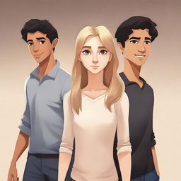 Create a book cover featuring three characters: a man with light brown hair, another man with black hair, and a blonde girl