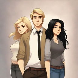 Create a book cover featuring three characters: a man with light brown hair, another man with black hair, and a blonde girl