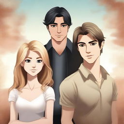 Create a book cover featuring three characters: a man with light brown hair, another man with black hair, and a blonde girl