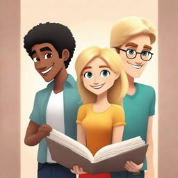 Create a realistic animation-style book cover featuring three characters