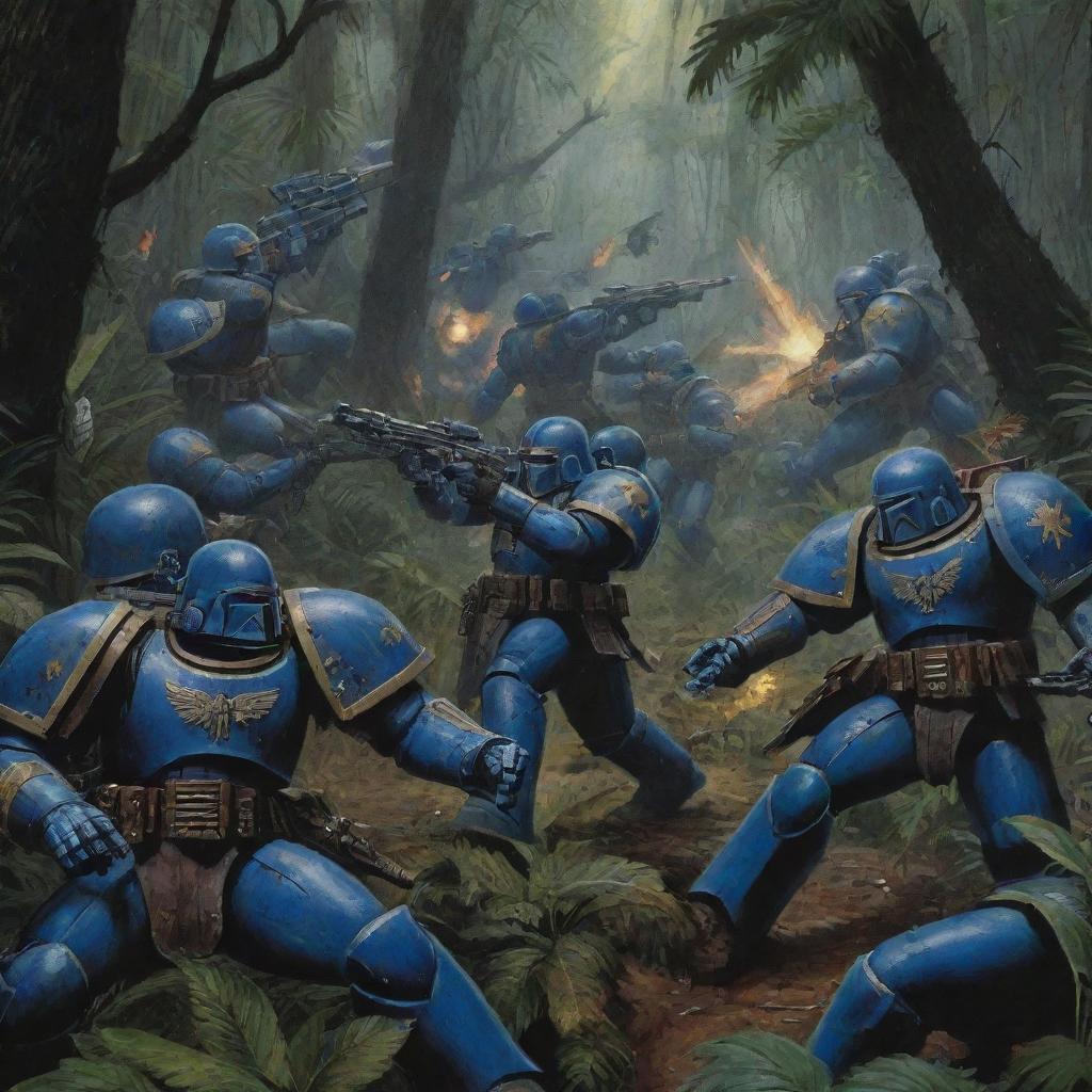 A classical serigraphy-style image demonstrating a battle between Warhammer 40k Space Marines and Star Wars Empire Soldiers in the heart of a jungle, predominantly using broad blocks of black color.