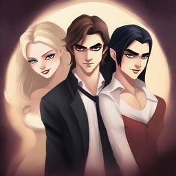 Create a realistic animation-style book cover featuring three characters: a fair-skinned man with light brown hair, another fair-skinned man with black hair, and a blonde girl