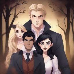 Create a realistic animation-style book cover featuring three characters: a fair-skinned man with light brown hair, another fair-skinned man with black hair, and a blonde girl