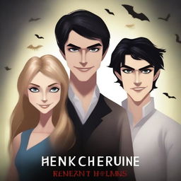 Create a realistic animation-style book cover featuring three characters: a fair-skinned man with light brown hair, another fair-skinned man with black hair, and a blonde girl