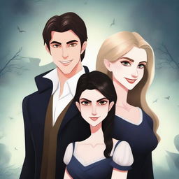 Create a realistic animation-style book cover featuring three characters: a fair-skinned man with light brown hair, another fair-skinned man with black hair, and a blonde girl