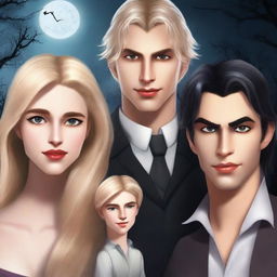 Create a realistic human animation-style book cover featuring three characters with serious expressions: a fair-skinned man with light brown hair, another fair-skinned man with black hair, and a blonde girl