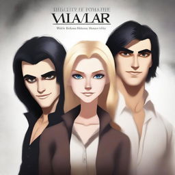 Create a realistic human animation-style book cover featuring three characters with serious expressions: a fair-skinned man with light brown hair, another fair-skinned man with black hair, and a blonde girl