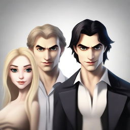 Create a realistic human animation-style book cover featuring three characters with serious expressions: a fair-skinned man with light brown hair, another fair-skinned man with black hair, and a blonde girl