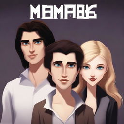 Create a realistic human animation-style book cover featuring three characters with serious expressions: a fair-skinned man with light brown hair, another fair-skinned man with black hair, and a blonde girl